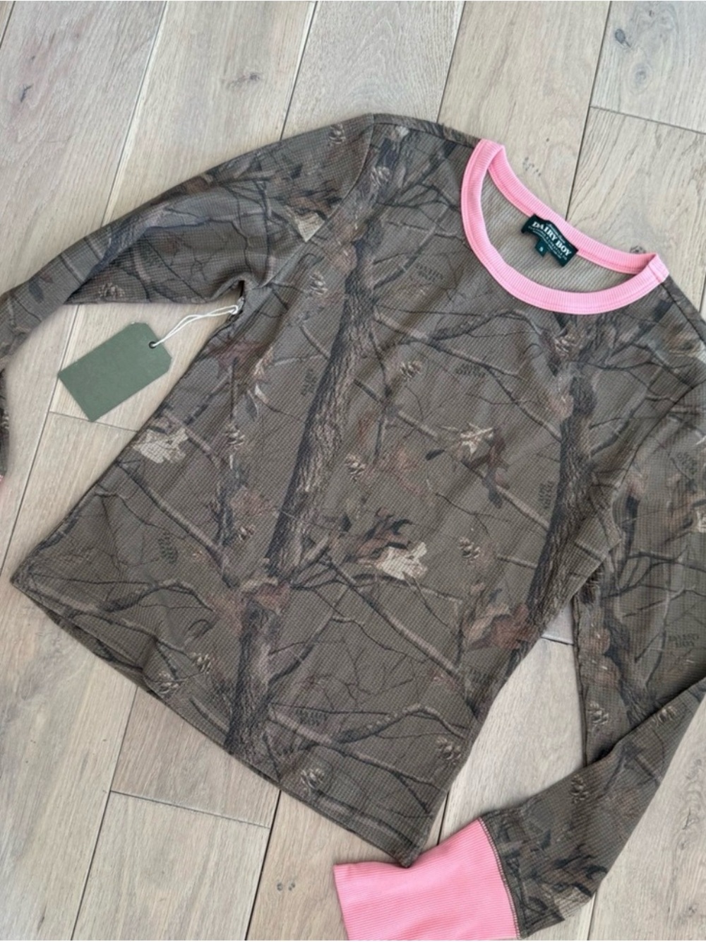 Women’s Dairy Boy Camouflage Long Sleeve Top with Pink Trim